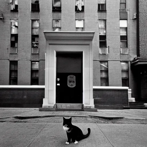 Prompt: detailed professional photographic portrait of Sigourney Weaver wearing a white singlet and her cat moving apartment New York City 1983, building entrance way Art Deco,, cinematic feel, high octane