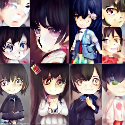 Prompt: collage of, portrait watercolor painting of nendoroid eyes kawaii chibi with black hair and hime cut by krenz cushart ilya kuvshinov pixiv key visual manga cover, artstation