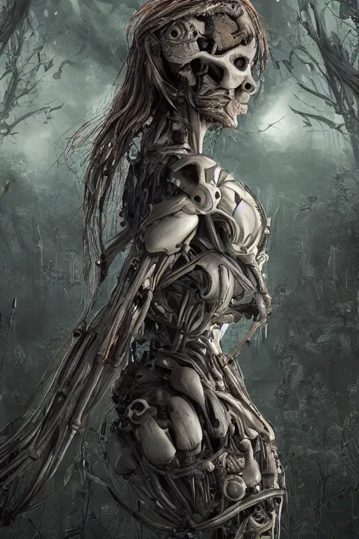 Prompt: a girl in a closed helmet-skull in a alive biopunk dress consisting of swollen muscles, tendons, bones joints, protruding pistons. masterpiece 4k digital design by Ayami Kojima, award winning, Artstation, Ayami Kojima aesthetic, Neo-Gothic, gothic, forest on background, intricate details, realistic, hyperdetailed, 8k resolution