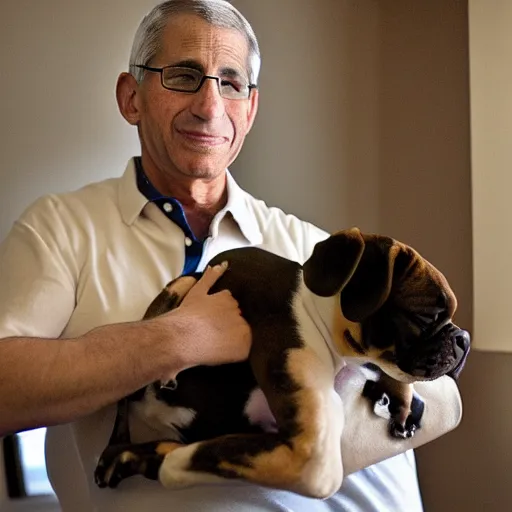 Image similar to 50mm photo, Anthony Fauci holding a boxer puppy