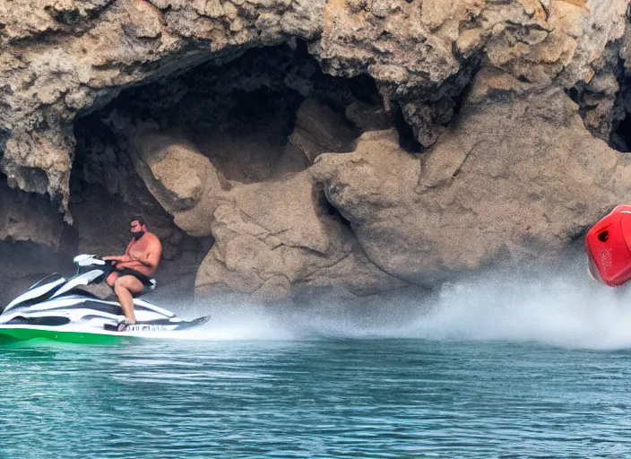 Prompt: angry fat lifeguard with a beard on jet ski yelling at people on the rocks at the thousand steps sea cave in laguna beach 2 0 1 3 summer