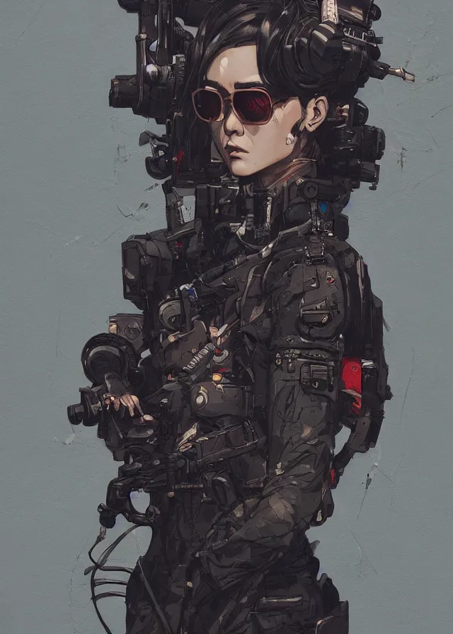 Image similar to highly detailed, james jean, ilya kuvshinov, greg rutkowski, simon roy, mcbess, yoji shinkawa, portrait illustration of a cyberpunk military woman, oil on canvas, colorful, cinematic composition, ray tracing, hyper realism, photorealistic