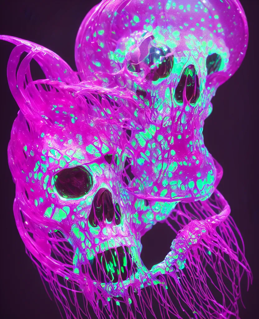 Image similar to close-up portrait of skull dichroic orchid jellyfish skull, betta fish, bioluminiscent creatures, intricate artwork by Tooth Wu and wlop and beeple. octane render, trending on artstation, greg rutkowski very coherent symmetrical artwork. cinematic, hyper realism, high detail, octane render, 8k