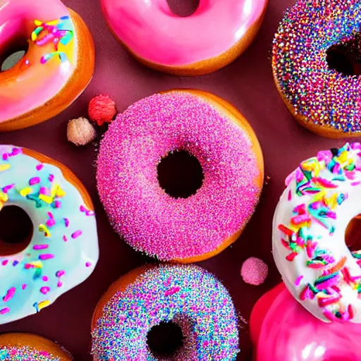 Image similar to photo of toilet filled with pink-frosted donuts and colorful sprinkles, 50mm, beautiful photo