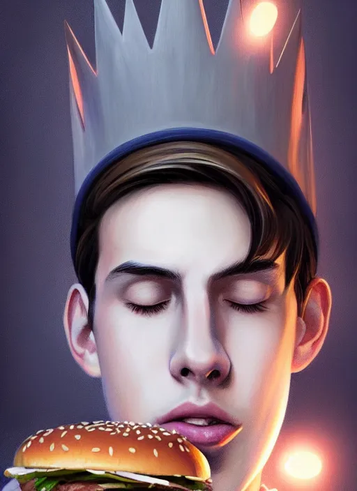 Image similar to portrait of teenage jughead jones wearing a light grey crown, crown, eating hamburger, eyes closed, crown, black hair, intricate, elegant, glowing lights, warm lighting, highly detailed, digital painting, artstation, concept art, smooth, sharp focus, illustration, art by wlop, mars ravelo and greg rutkowski