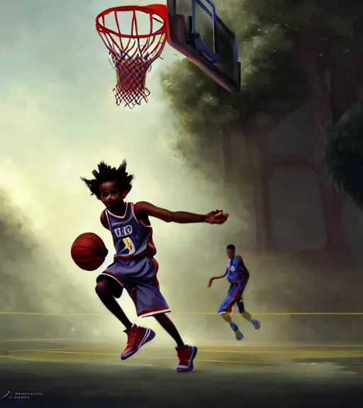 Prompt: a boy at a basketball court playing basketball wearing a basketball uniform in a basketball court, intense emotion, intricate, elegant, highly detailed, centered, digital painting, artstation, concept art, smooth, sharp focus, illustration, by Peter Mohrbacher, WLOP