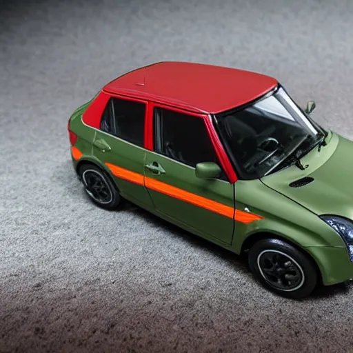 Prompt: 1/24 scale model of Suzuki swift Sport with a 1/35 scale model of a sdkfz 251 in the background, high quality, Model photograph, high detail, 8k, studio lighting