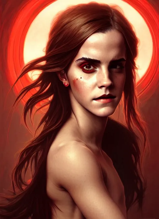 Prompt: portrait of emma watson as demon, red skin, batwings, hell, intricate, headshot, highly detailed, digital painting, artstation, concept art, sharp focus, cinematic lighting, illustration, art by artgerm and greg rutkowski, alphonse mucha, cgsociety