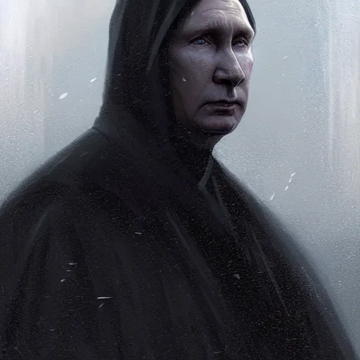 Image similar to portrait of Putin in a black cloak, glowing eyes, detailed face, highly detailed, cinematic lighting, digital art painting by greg rutkowski.