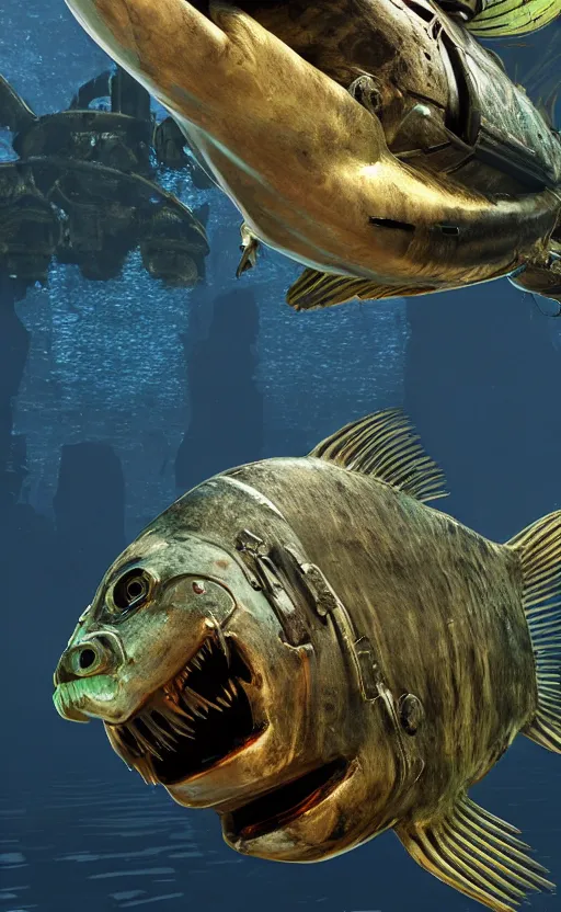 Image similar to cybernetic piranha with a chrome exoskeleton, dark underwater scene, unreal engine, raytracing, 4 k
