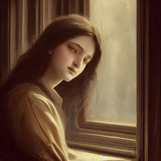 Prompt: A dreamy sleepy young woman with long dark hair, art by caspar gustave doré, highly detailed, oil painting, concept art, illustration, dim lighting with twilight rays of sunlight coming through the window with closed shutters, trending on artstation, very detailed, smooth, sharp focus, octane render