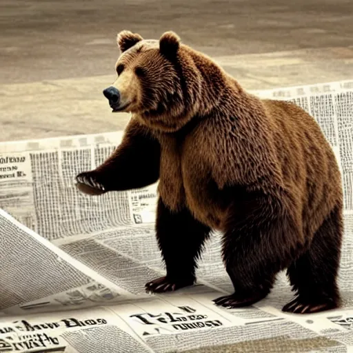 Prompt: brown bear walking on two legs holding an evil newspaper