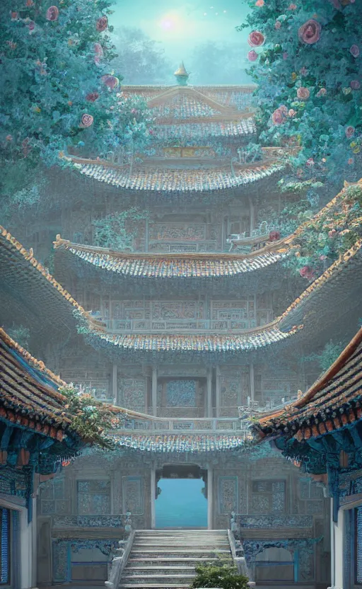 Image similar to vanishing point, palace covered with aqua blue roses like the forbidden city in distance at the red rose royal manor, viewed from afar, stephen bliss, misty, unreal engine, fantasy art by greg rutkowski, loish, ferdinand knab, and lois van rossdraws,, global illumination, radiant light, minimalist, detailed and intricate environment