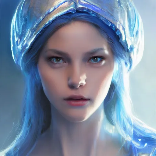 Image similar to Beautiful female wizard in blue and iridescent robes, 4k oil on linen by wlop, artgerm, andrei riabovitchev, nuri iyem, james gurney, james jean, greg rutkowski, highly detailed, soft lighting 8k resolution