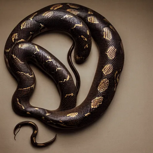 Prompt: infinite giant coiled snake with a metallic skull as the head, room interior, dark fantasy, XF IQ4, f/1.4, ISO 200, 1/160s, 8K, RAW, unedited, symmetrical balance, in-frame