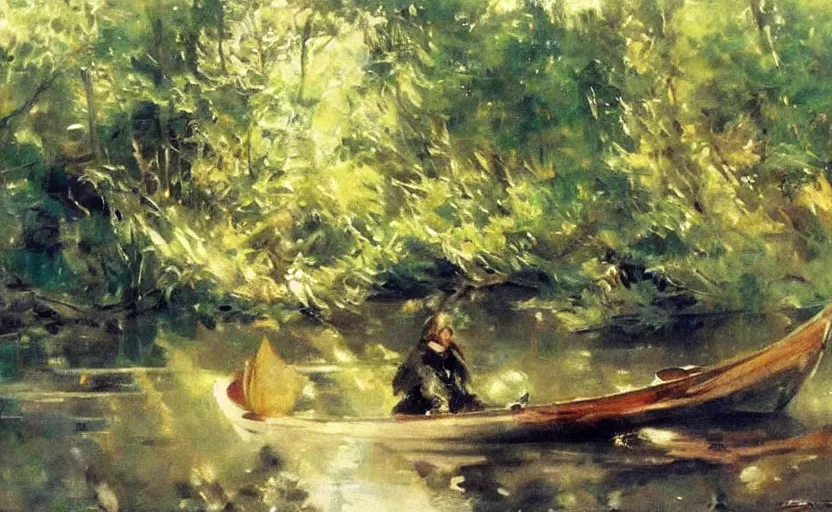 Image similar to oil painting by anders zorn, wild forest, very very very very beautiful art, dramatic light, strong shadows, reflections, boat with colorful sail and white dress