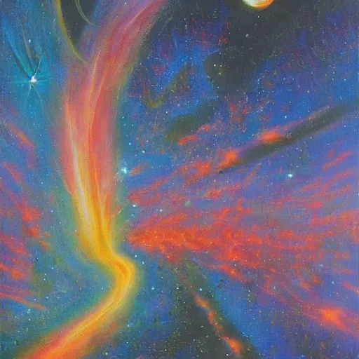 Image similar to sometimes forget there is purpose in all this and then i remember how far we've come, ( 1 9 5 5 ) awe inspiring cosmic scifi oil painting