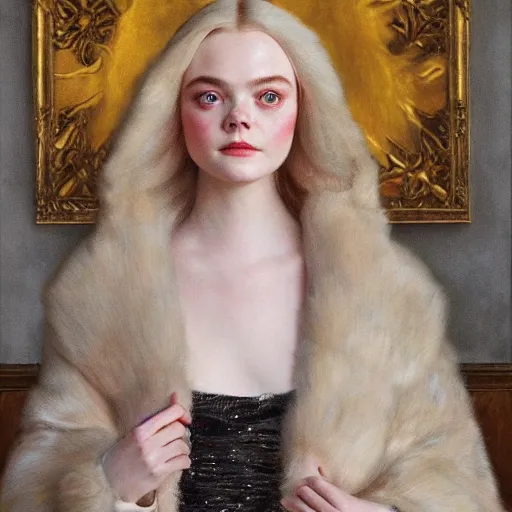 Image similar to Elle Fanning in a fur coat, religious masterpiece portrait, oil on canvas, golden hour, in the world of Andrew Wyeth, artstation, by J. C. Leyendecker and Peter Paul Rubens,