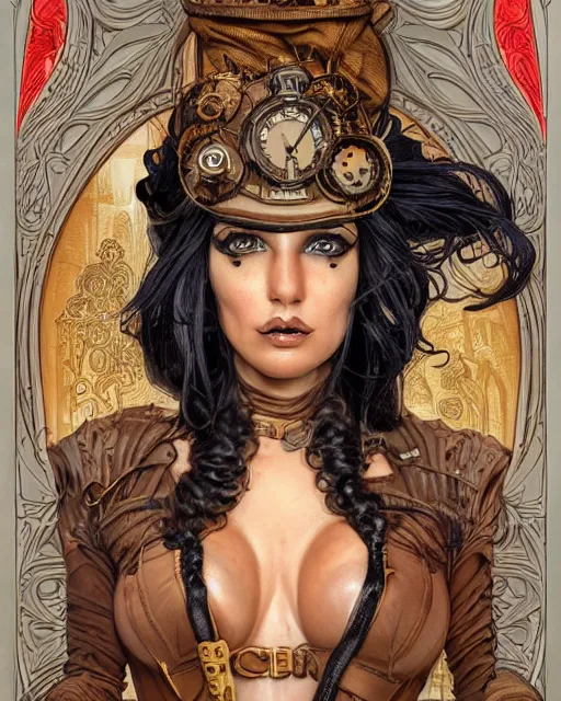 Prompt: a detailed portrait illustration of a steampunk sorceress - athlete. beautiful hispanic female face, provocative expression. muscular, fat. art nouveau, pop art, comic book style. influenced by neil gaiman, karol bak, dan mumford, brian froud, vadim voitekhovitch, android jones, ross tran.
