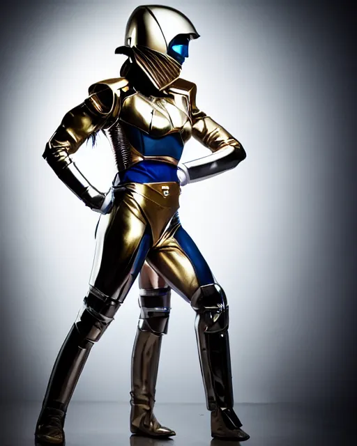 Image similar to realistic photo portrait of a metal sentai woman with human head, studio lighting, 1 5 0 mm