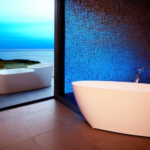 Image similar to Futuristic bathroom made of blue goo with a large window showing sea horizon at sunset