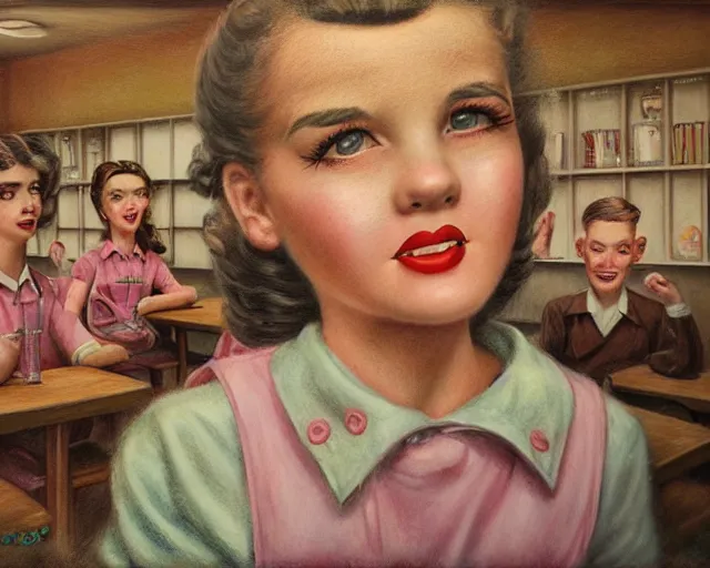 Prompt: closeup profile portrait of a 1 9 5 0 s highschool canteen, nicoletta ceccoli, mark ryden, lostfish, max fleischer, hyper realistic, artstation, illustration, digital paint, matte paint, vivid colors, bright, cheerful, detailed and intricate environment