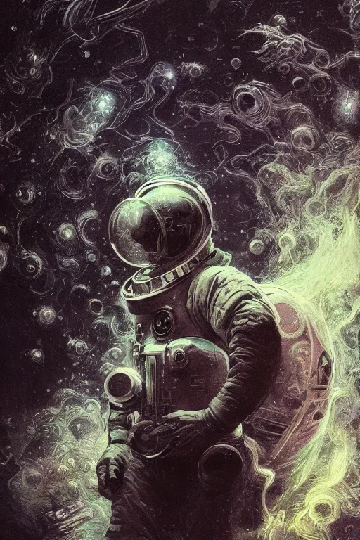 Prompt: close up shot of a full body floating astronaut portrait water elemental fading into water, high contrast, james gurney, peter mohrbacher, mike mignola, black paper, mandelbulb fractal, trending on artstation, exquisite detail perfect, large brush strokes, bold colors, intricate ink illustration, black background