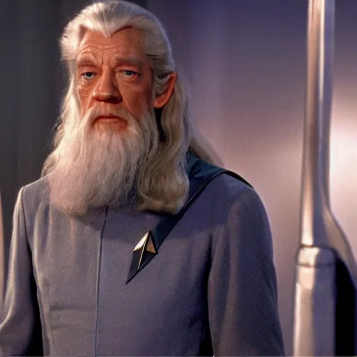 Image similar to A still of Gandalf as Captain Kirk on Star Trek, sharp focus, high quality, 4k