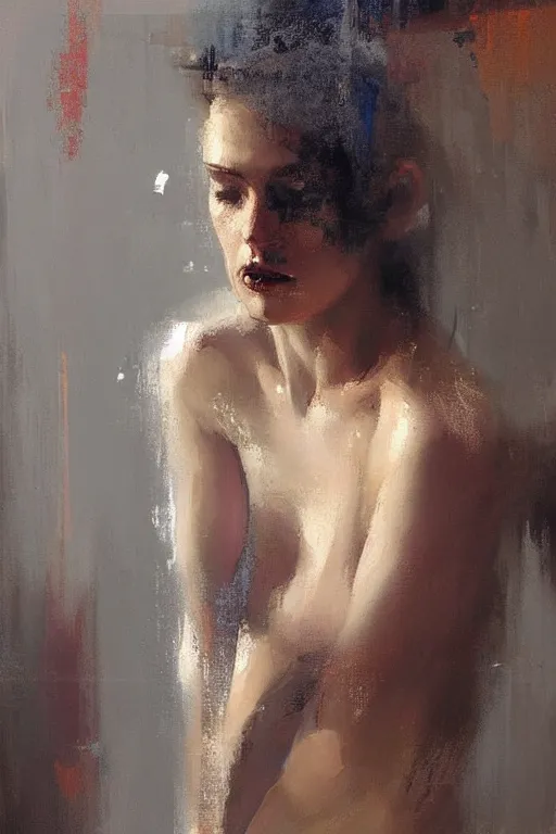 Image similar to a beautiful painting by christian hook of a woman in a bathroom, brushstrokes by jeremy mann, still life, dark colors