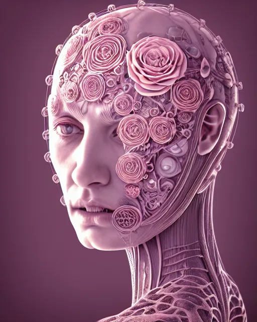 Image similar to mythical dreamy organic bio - mechanical spinal ribbed profile face portrait detail of translucent steampunk beautiful intricated monochrome angelic - human - queen - vegetal - cyborg, highly detailed, intricate translucent pale pink ivy jelly ornate, poetic, translucent roses ornate, 3 d render, digital art, octane render, 8 k artistic lithography