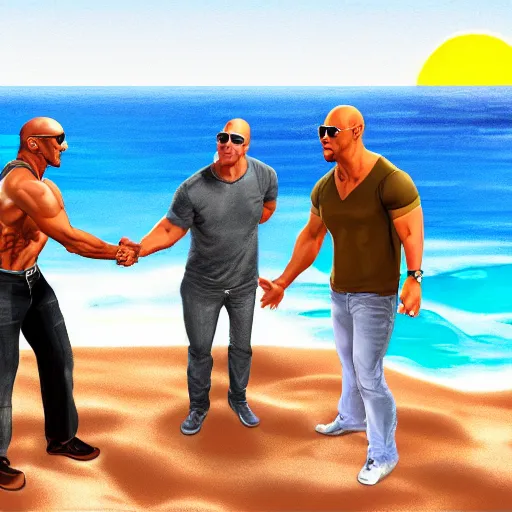 Prompt: Mark Fischbach with sunglasses meeting with Dwayne the rock Johnson on the beach at sunset shaking hands, rendered in the style of grand theft auto five artwork