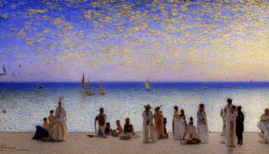 Image similar to a ultradetailed beautiful painting of the night sky of the amazonas golden white palace balustrade designed by jules bastien - lepage, tarsila do amaral, frank weston and gustave baumann, beach, trending on artstation, mediterranean, palm trees, sharp focus, sail boats, soft light, 8 k 4 k