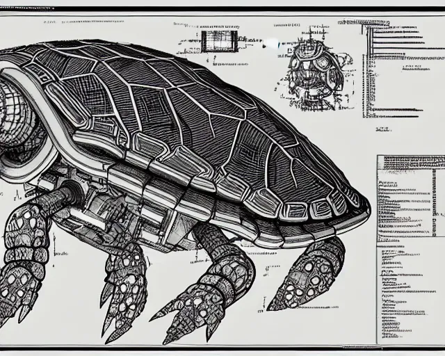 Prompt: a full page of a mechanical blueprint showing a design for a mechanized turtle from howl's moving castle ( 2 0 0 4 ), with a big head, muted colors, post grunge, studio ghibli, hq,