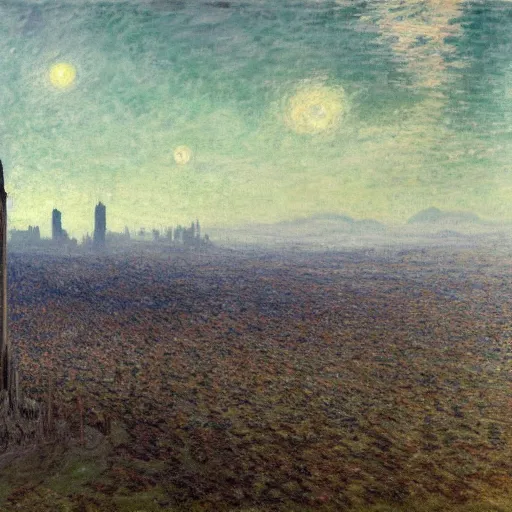 Image similar to an ultra detailed matte painting of a lonely and impossibly tall ominous dark tower elevated high above the city, on an isolated plateau island in a river elevated high above the city fortress tower, fantasy capital city, ultrawide lense, aerial photography, volumetric lighting, exquisite detail, 8 k, art by claude monet and van gogh and greg rutkowski and alphonse mucha