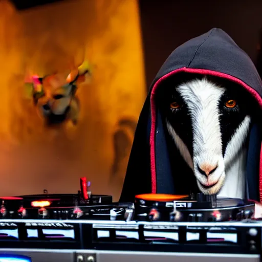 Image similar to a goat wearing a dark hooded cloak on the dj decks