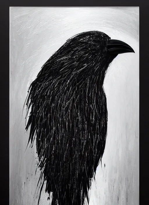 Prompt: black gold silver, crow portrait!!!!!, symmetrical, award - winning painting, abstract, gold and silver shapes, rectangles, geometry, elegant, luxurious, beautiful, pitch black background