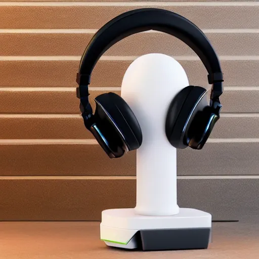 Image similar to wireless headphone stand, futuristic, techno, cyberpunk, product design, render, concept, fun, geometric