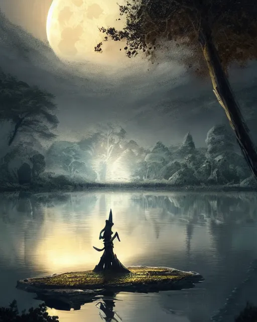 Image similar to ancient sword in the middle of a lake under a giant full moon, rippling reflections, trees and falling leaves, art by Raymond Swaziland and Greg Rutkowski, D&D, high fantasy, romantic, highly detailed, digital painting, trending on artstation, concept art, golden ratio, sharp focus, illustration, masterpiece, stunning