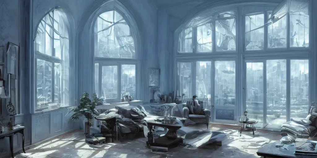 Prompt: Inside a beautiful modern room with glass windows , blue mood, modern city, in style of greg rutkowski, and thomas kinkade , 8k resolution, Ultrafine Details, Hyper detailed digital matte painting, concept art, hyperrealism, beautiful.