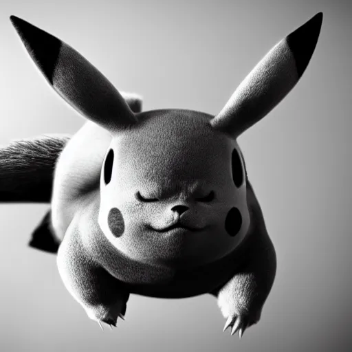 Image similar to hyper - realistic picture of pikachu, black and white, 4 k, cinematic, well - lit, very detailed