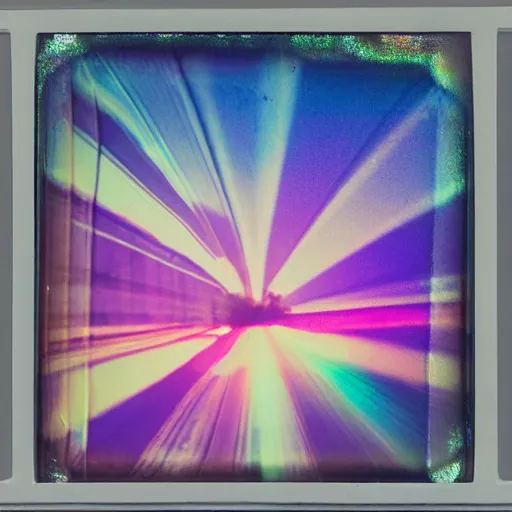 Prompt: a pastel coloured Polaroid photo of a sun shade made of transparent iridescent perspex stood in a field, beams of light, nostalgic