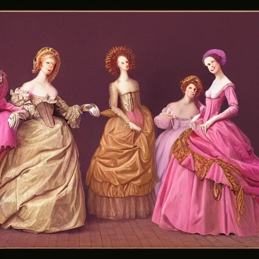 Image similar to group of skinny female artist wearing renaissance dresses, pink and gold flowers in the style of realism, cinematic, high octane render, tonalism, rococo, manga