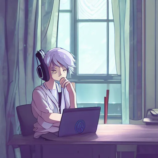 Image similar to high definition anime portrait of a pastel blue haired anime girl sitting at a desk studying with headphones on, background is a window looking out into a busy Tokyo district, lo-fi art, by Studio Ghibli, trending on artstation, sharp high quality anime, digital art, photoshop, proportionate, ambient lighting