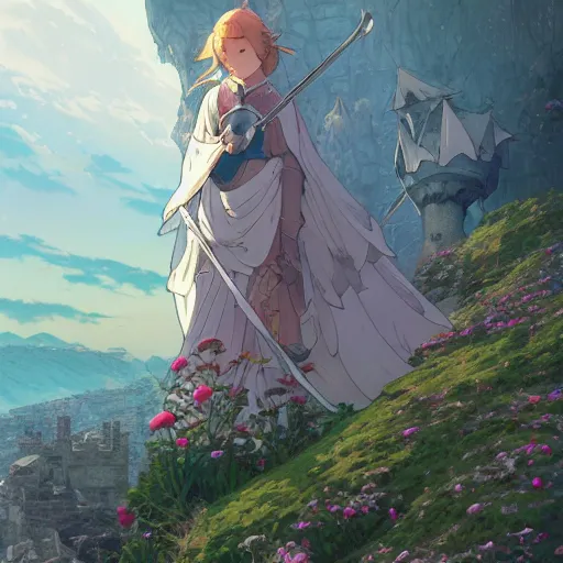 Image similar to the knight and the sword of rose petal, anime, castle core, mountains, rocky roads. by hayao miyazaki and rossdraws and artgerm and greg rutkowski and alphonse mucha and studio ghibli and ilya kuvshinov. high quality, stunning, intricate detailed environment. 8 k