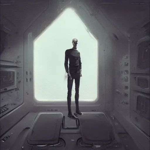 Image similar to concept art by greg rutkowski, a very tall, and slender man with messy blond hair and beard, wearing a black sweater, sitting in the spaceship command bridge, brutalist futuristic interior, dark lighting atmosphere, detailed portraits, nostalgic atmosphere, scifi, digital painting, artstation, concept art, smooth, sharp foccus ilustration, artstation hq