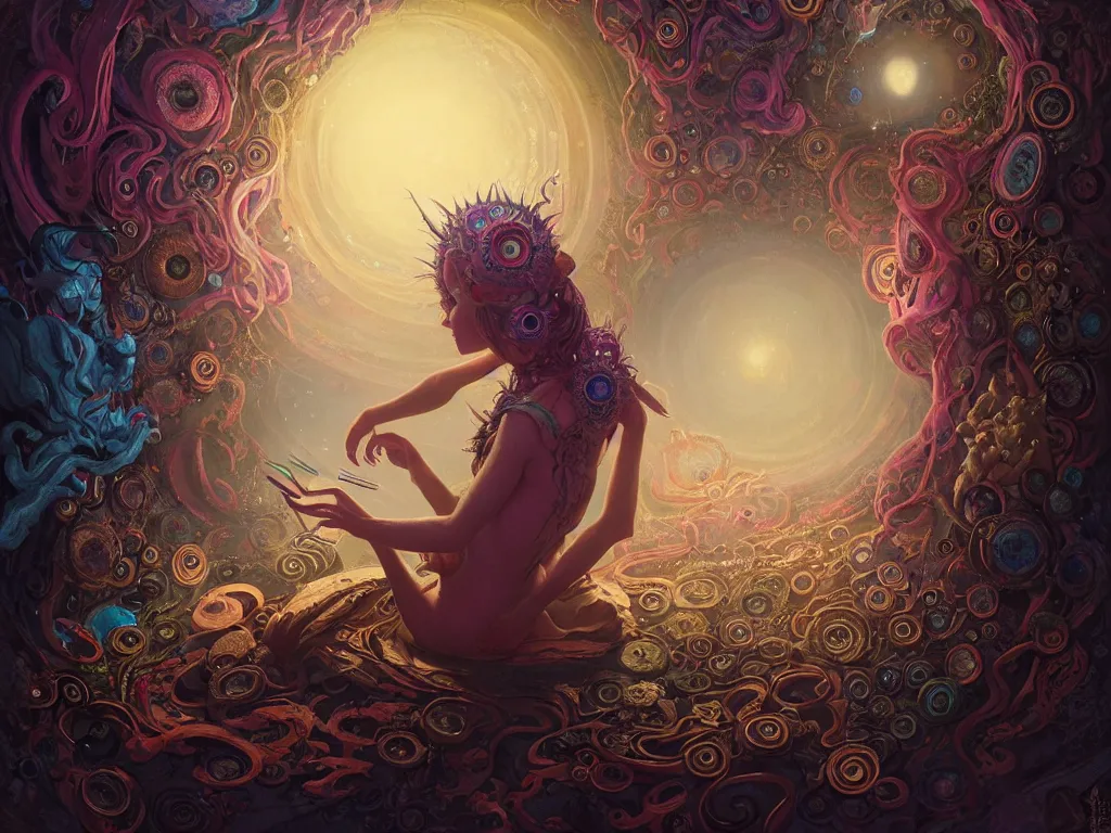 Image similar to high angle picture of a maximalist dress witch sitting on the floor and researching about the azathoth, extremely beautiful and aesthetic and detailed cute face and eyes, very huge magic circles on hand, with familiar sprites, in the magic room, chiaroscuro, intricate, masterpiece, fantasy illustrations by anato finnstark and jeremy lipking and peter mohrbacher