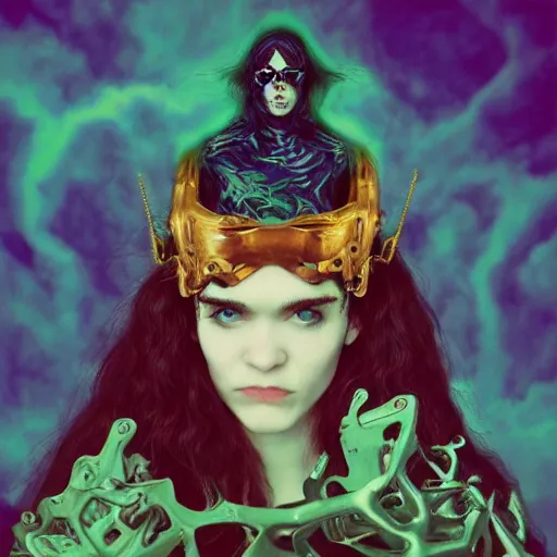 Prompt: album cover of Grimes as a highly detailed super villain character, in a romantic pre-raphaelite style, concept matte