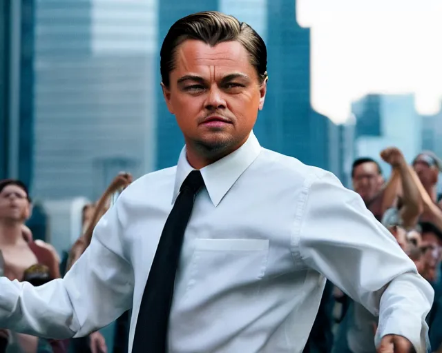 Image similar to leonardo dicaprio as the wolf of wall street, cinamtic, long shot, hyper detailed, hyper realistic face, 8 5 mm photograph, 8 k resolution, film still, sharp lens, wide lens