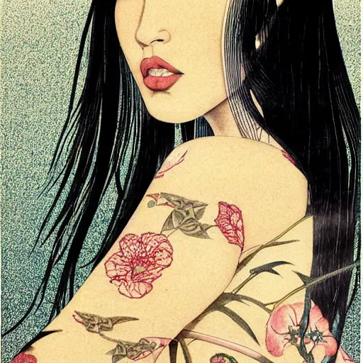 Prompt: “ megan fox portrait by ikenaga yasunari and ayana otake and ko rakusui, 6 0 s poster, drawing, realistic, sharp focus, japanese, dreamy, nostalgia, faded, golden hues, floral clothes, porcelain skin ”