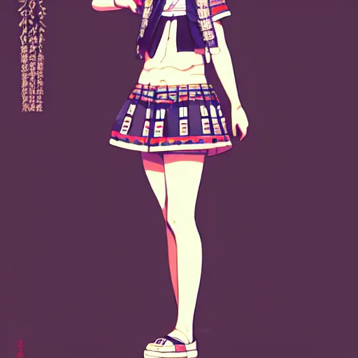 Image similar to a beautiful! boyish! natalie portman alluring gravure! model, wearing japanese school girl outfit with mayan pattern and native style, aztec street fashion, gapmoe yandere grimdark, trending on pixiv fanbox, painted by greg rutkowski makoto shinkai takashi takeuchi studio ghibli, akihiko yoshida